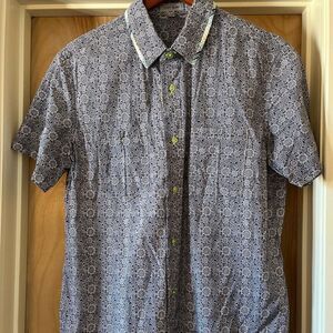 Scott Spahr Blue Floral Print Plaid Trim S/S Shirt sz L